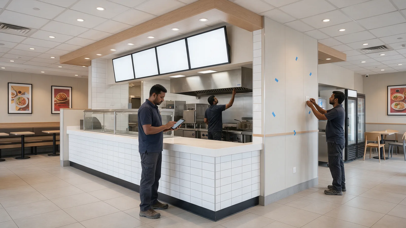 Inspector checking a service counter while technicians test lighting and the kitchen exhaust before opening